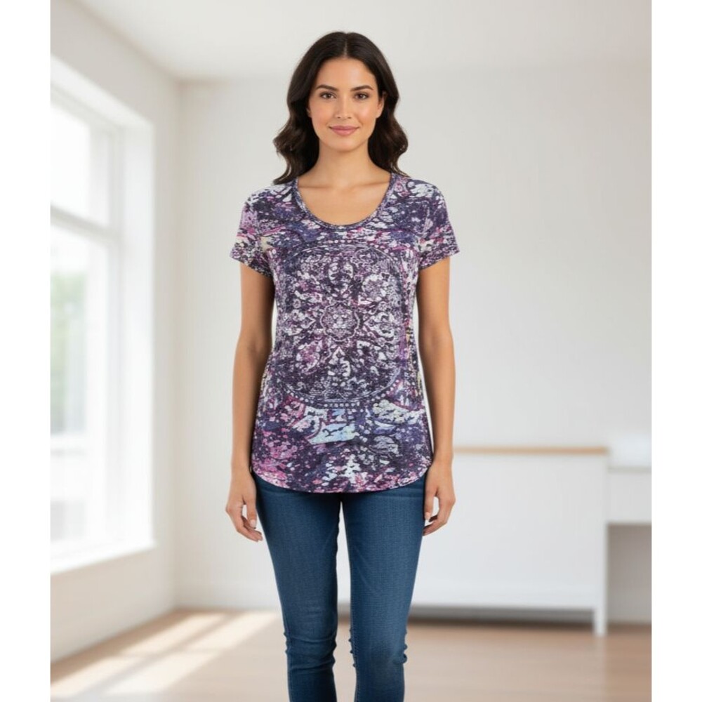 IMAGINARY VOYAGE Purple Distressed Short Sleeve Tee Shirt T-Shirt Women's‎ L